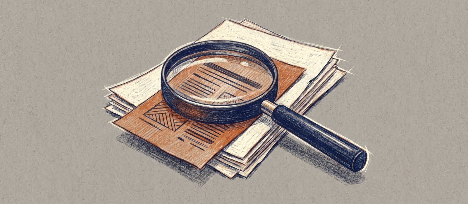 Coloured-pencil drawing on grey paper of a navy magnifying glass over a stack of cream documents, with one burnt-orange page slipping out