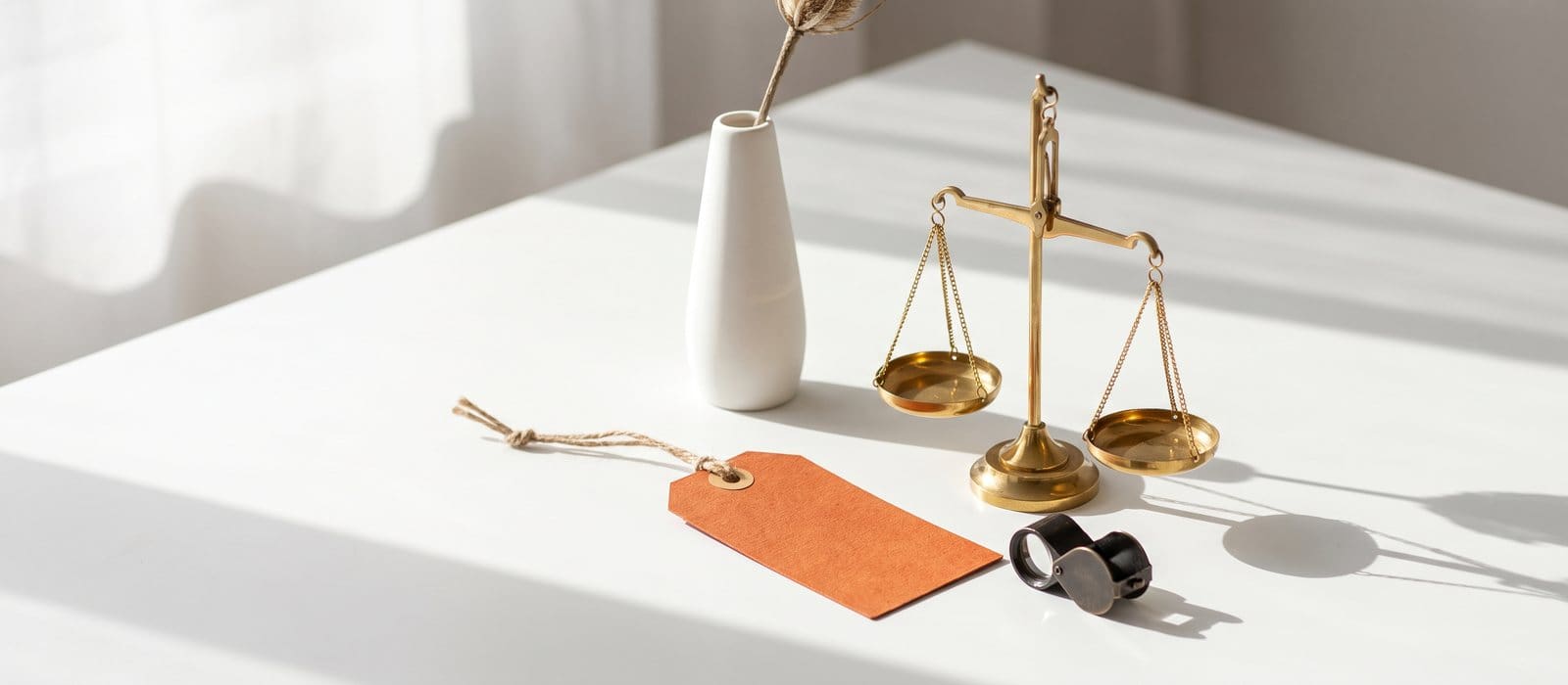 A brass balance scale, a jeweller's loupe and a blank orange valuation tag on a bright white table, representing the value of property in a mischief charge