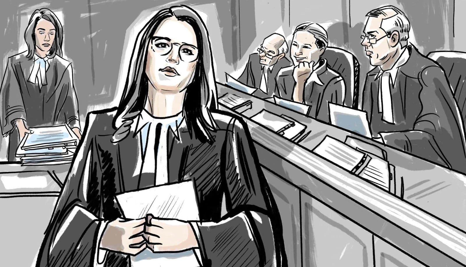 Court sketch of defence counsel Colleen McKeown in robes in court, with a panel of judges at the bench behind her