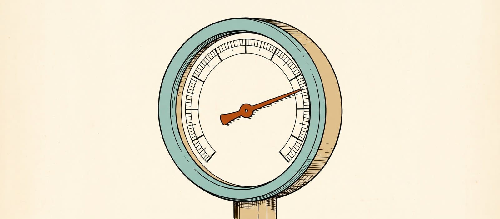 A retro technical-manual illustration of a round instrument gauge with a burnt-orange pointer needle
