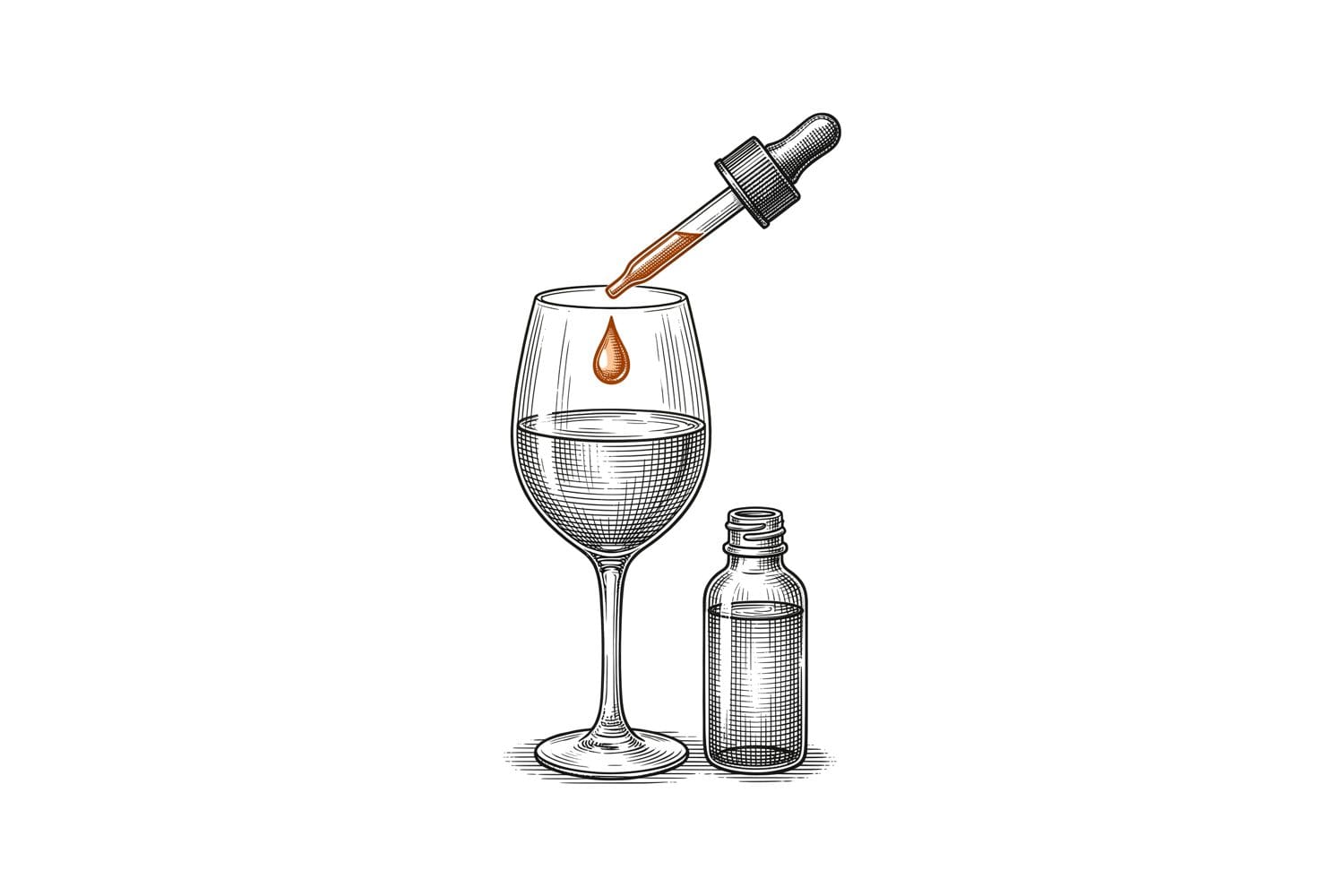 Etching of a wine glass with a dropper releasing a single burnt orange drop into it, beside a small glass bottle, on white paper