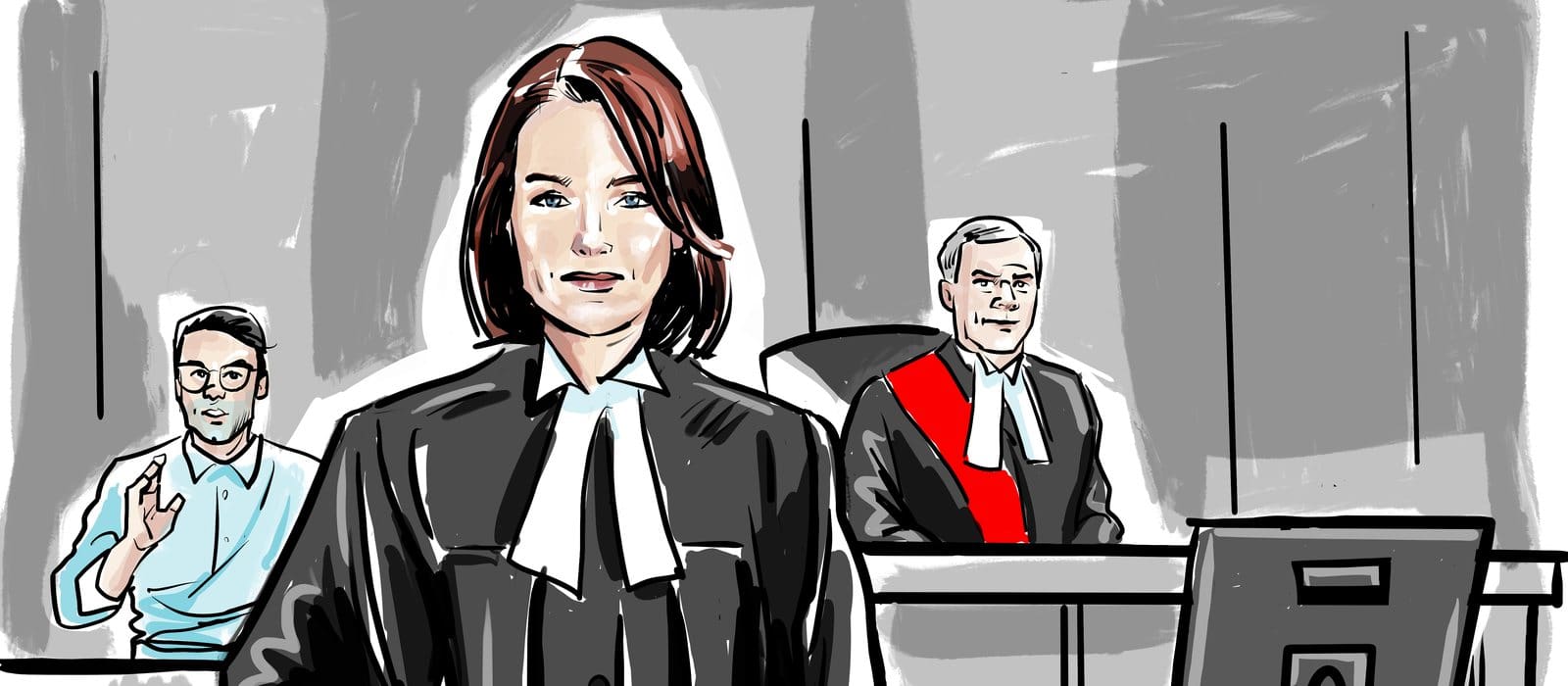 Court sketch of robed defence counsel standing before the judge while a witness testifies