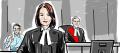 Court sketch of robed defence counsel standing before the judge while a witness testifies