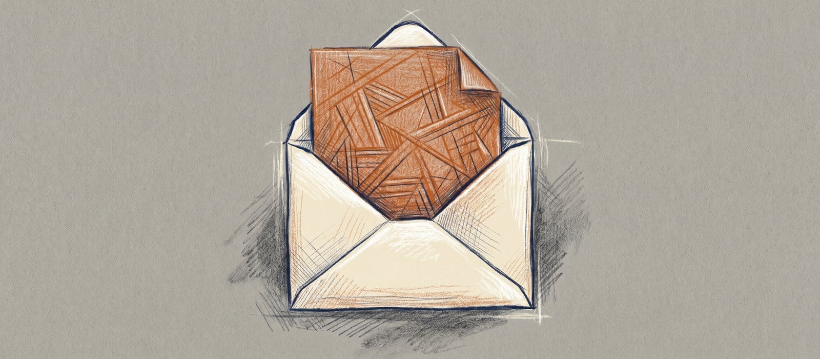 Coloured-pencil drawing on grey paper of an open cream envelope with a burnt-orange page rising out of it