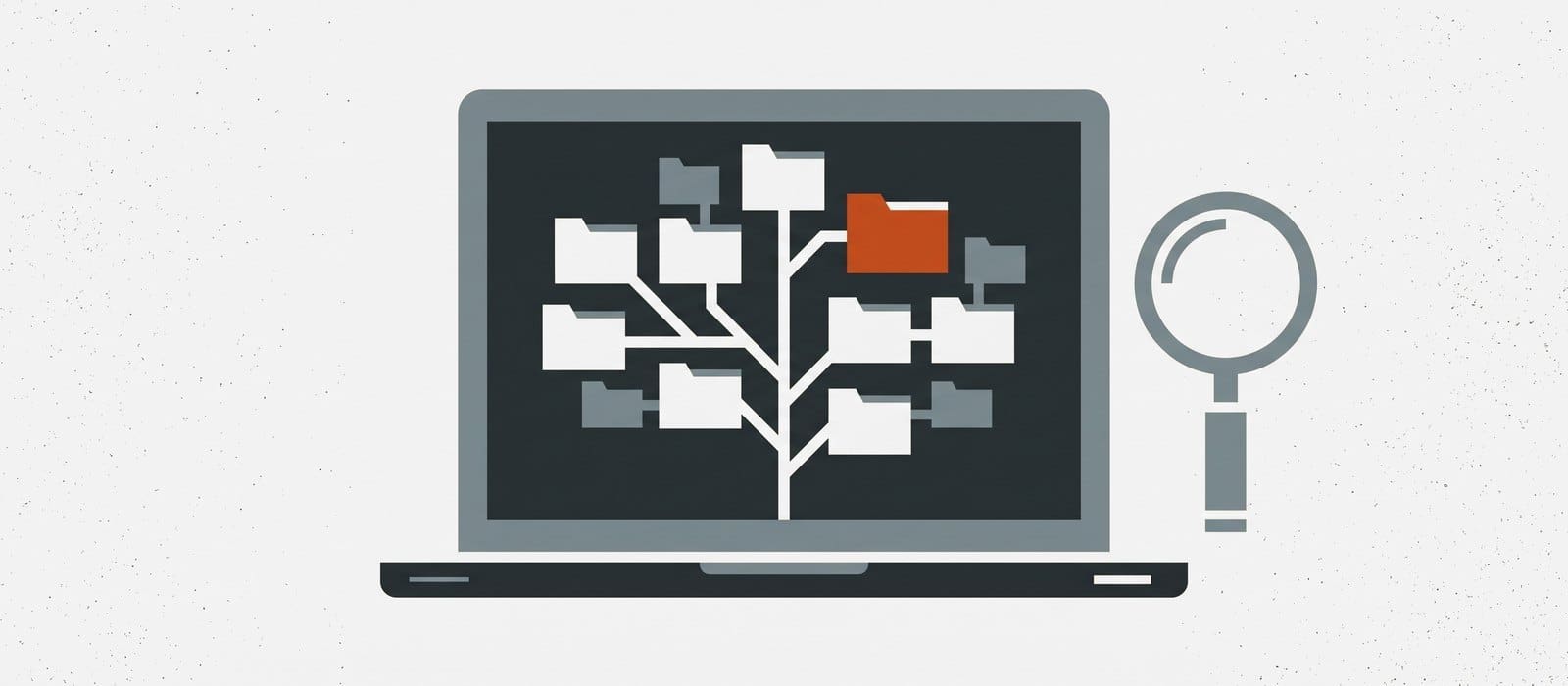 Illustration of a laptop showing a tree of file folders, one highlighted in orange, beside a magnifying glass