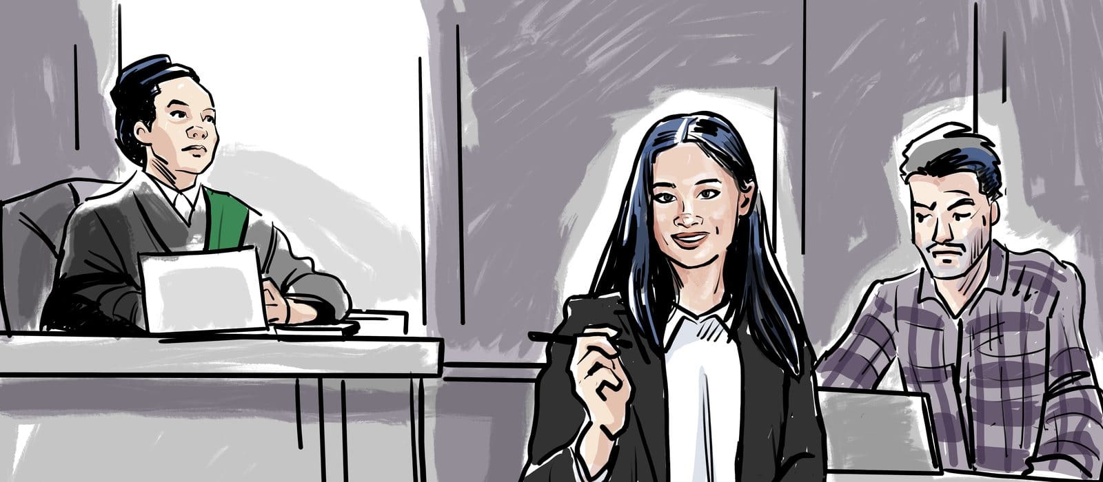 Court sketch of defence counsel standing at the counsel table, with the judge and another party nearby