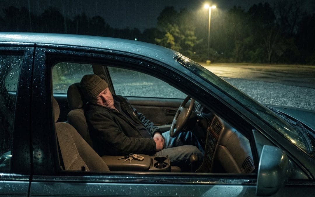 Man asleep in the driver seat of a parked car at night with keys in the centre console
