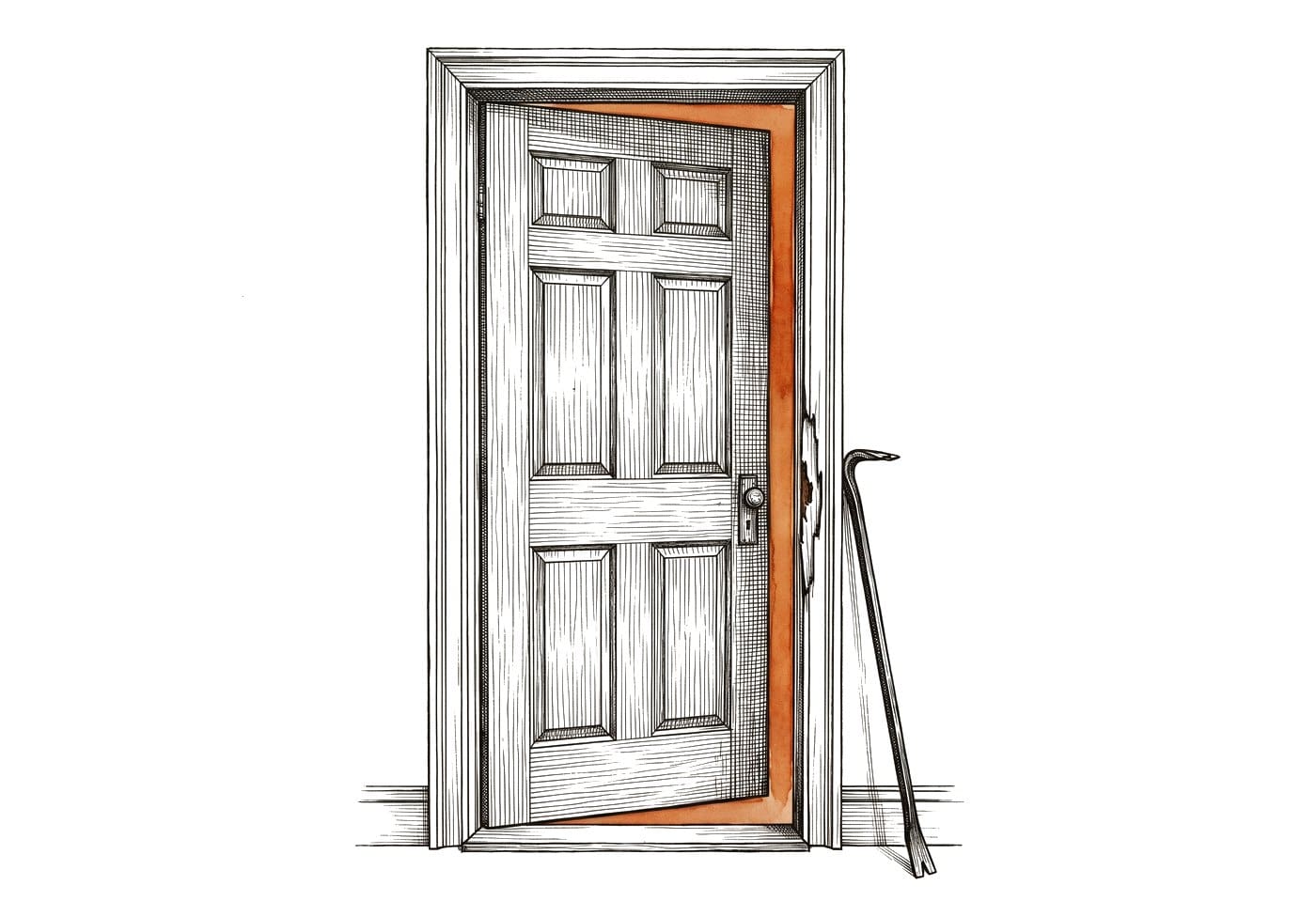 Etching of a panelled front door standing ajar with a splintered frame and a pry bar leaning beside it, on white paper