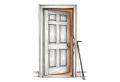 Break and enter Etching of a panelled front door standing ajar with a splintered frame and a pry bar leaning beside it, on white paper