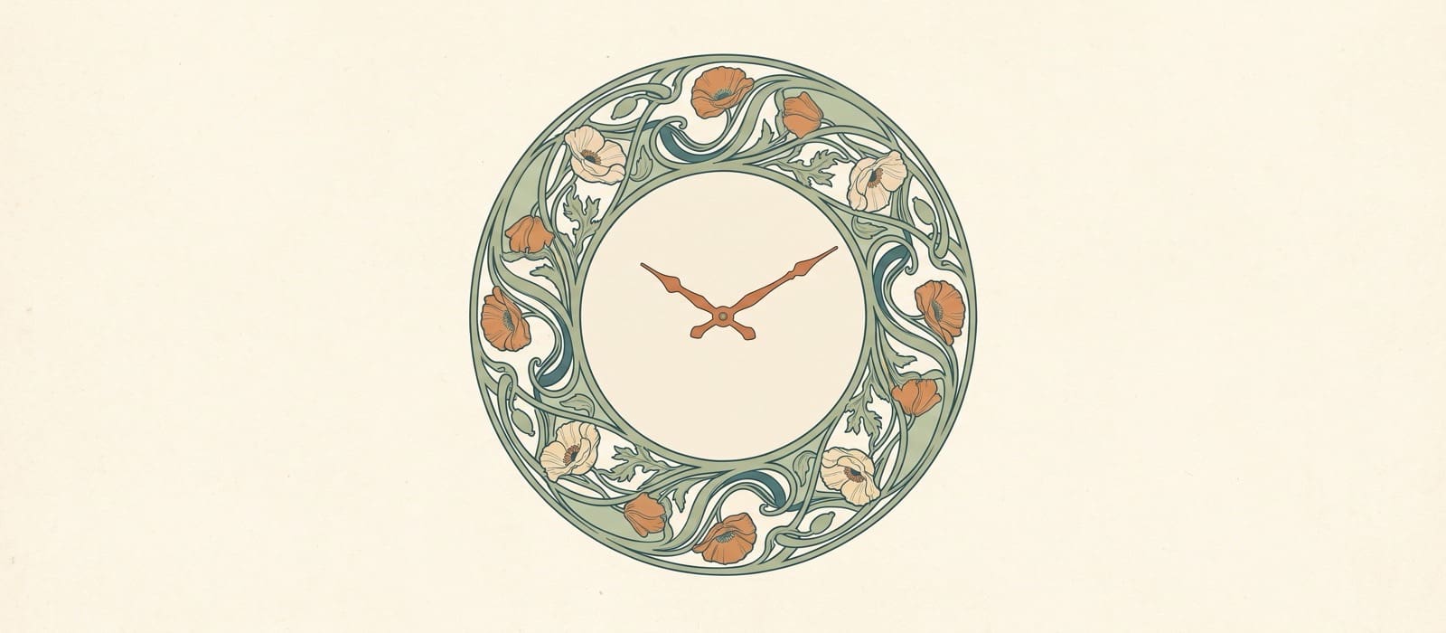 Art Nouveau lithograph-style illustration of a round wall clock with a plain face and burnt-orange hands, framed by a ring of poppies and vines