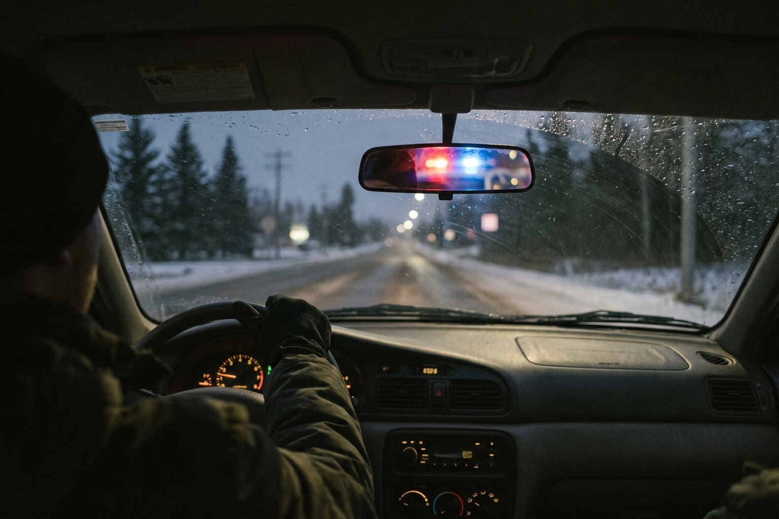 Interior of a car at night with red and blue police lights reflected in the rear-view mirror