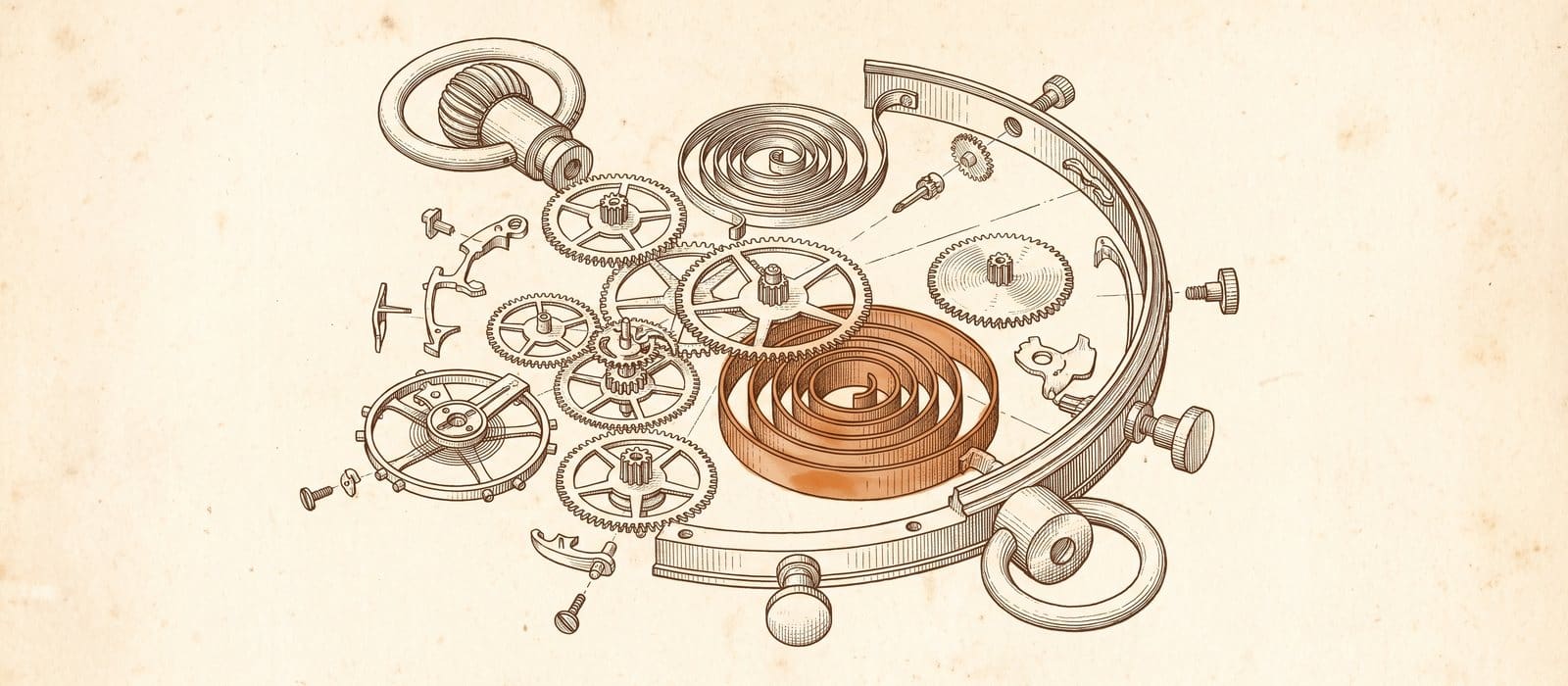 Engraving-style exploded view of a stopwatch mechanism with its gears laid out in order