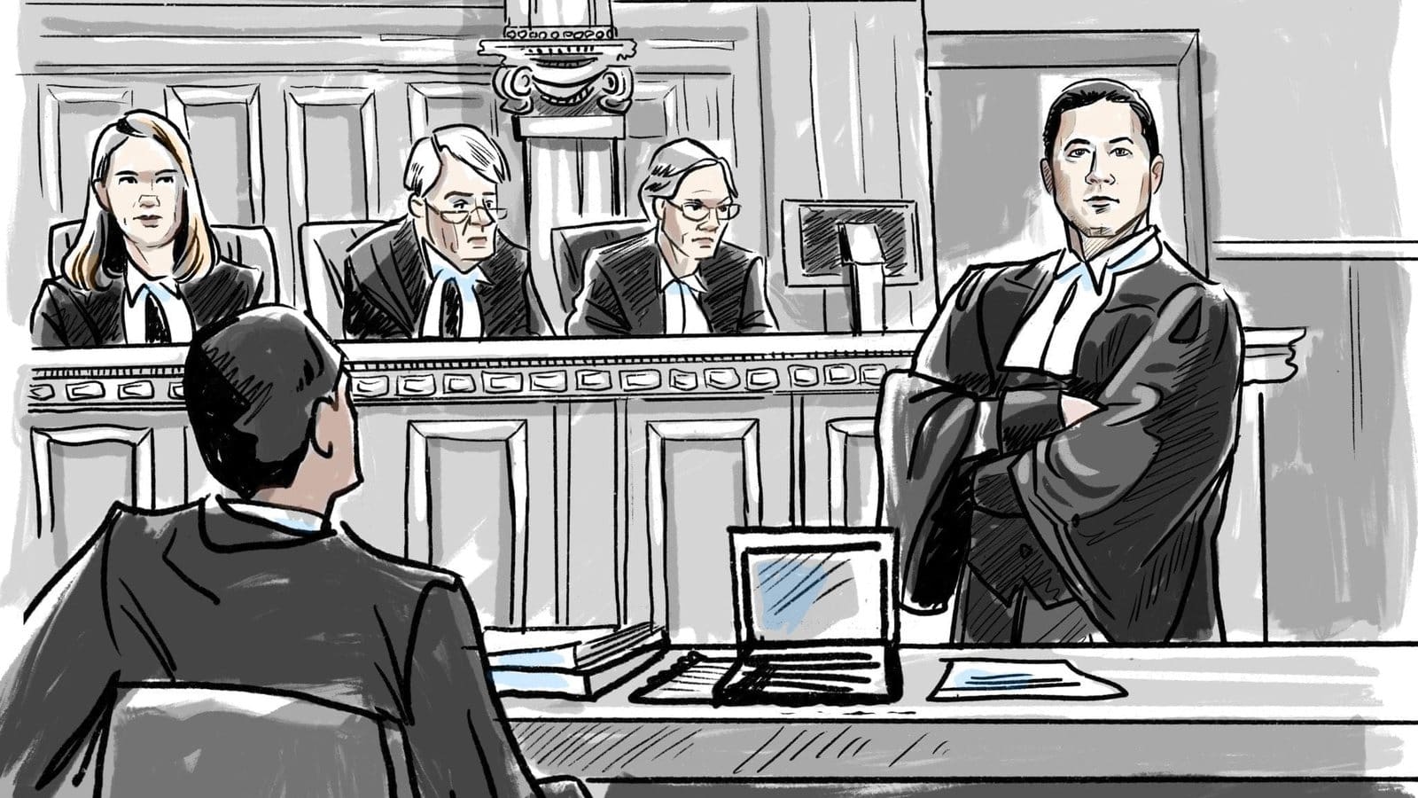 Court sketch of Daniel Brown Law lawyer Mark Halfyard in robes standing before a panel of three judges, with counsel seated in the foreground