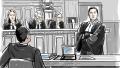 Court sketch of Daniel Brown Law lawyer Mark Halfyard in robes standing before a panel of three judges, with counsel seated in the foreground