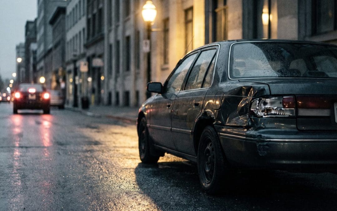 Wet city street at night with a damaged parked car under a street lamp and tail lights receding