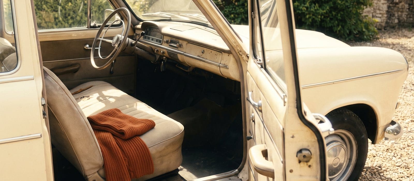 Instant-film photo through the open door of a cream vintage car, showing the empty front seat and steering wheel with a burnt-orange scarf folded on the seat