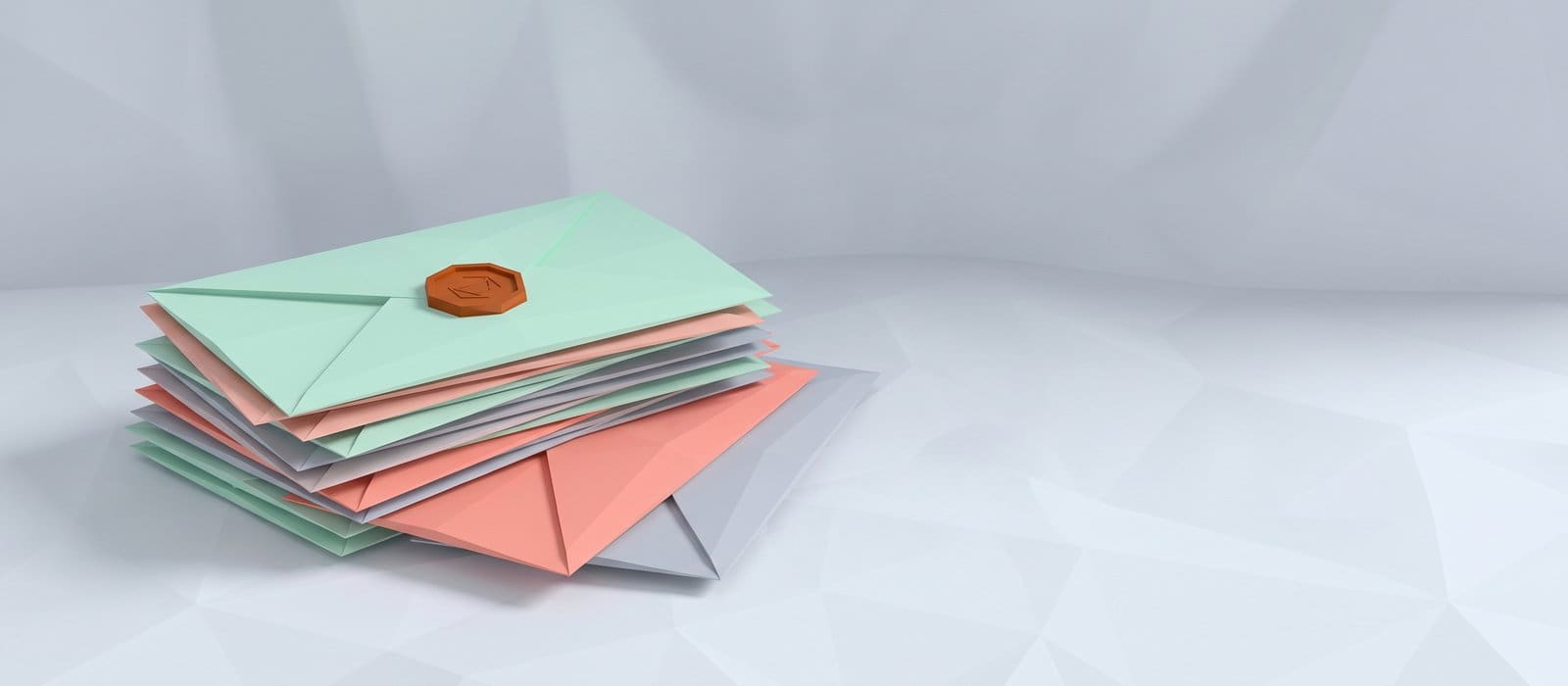 Low-poly 3D render of a stack of mint, coral and grey envelopes, the top one sealed with a burnt-orange seal