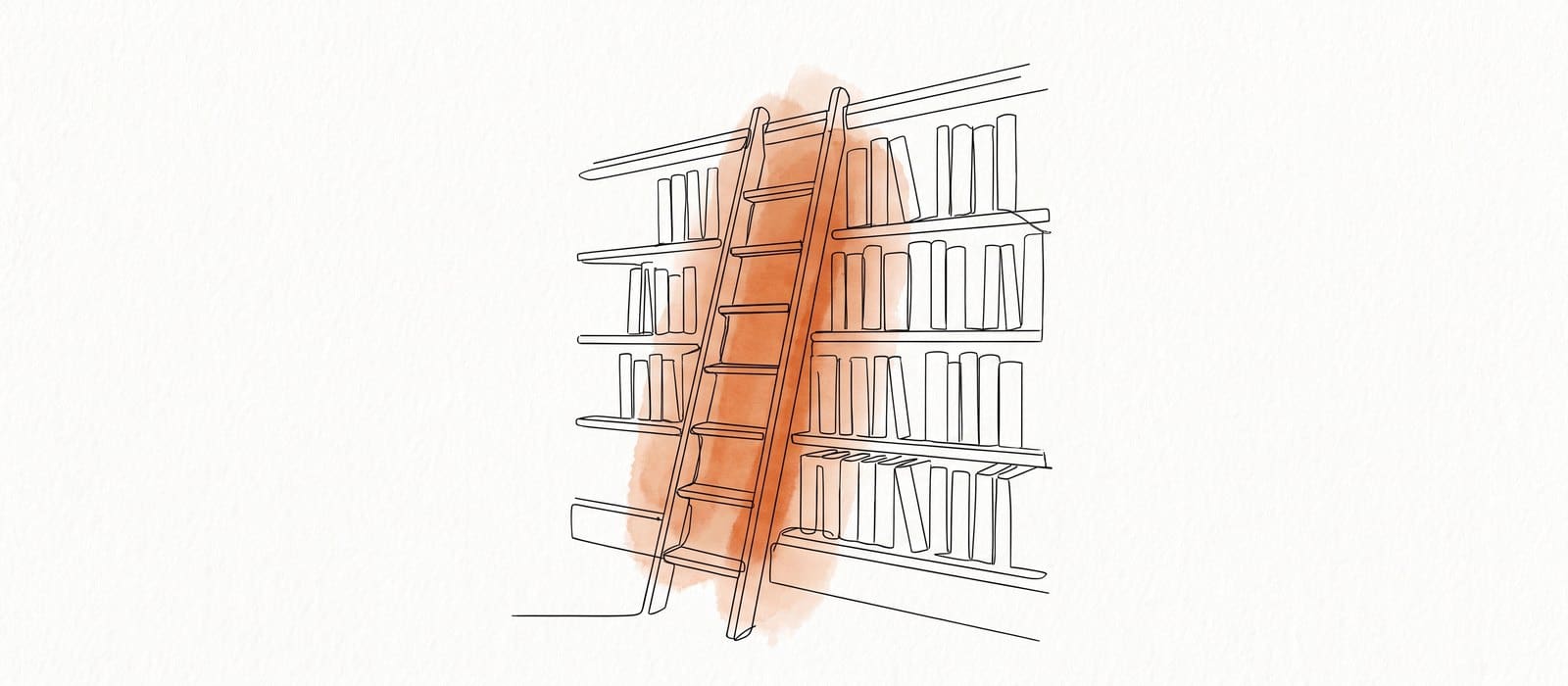 Single-line ink drawing of a library ladder against bookshelves with a burnt-orange watercolour wash