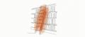 Single-line ink drawing of a library ladder against bookshelves with a burnt-orange watercolour wash