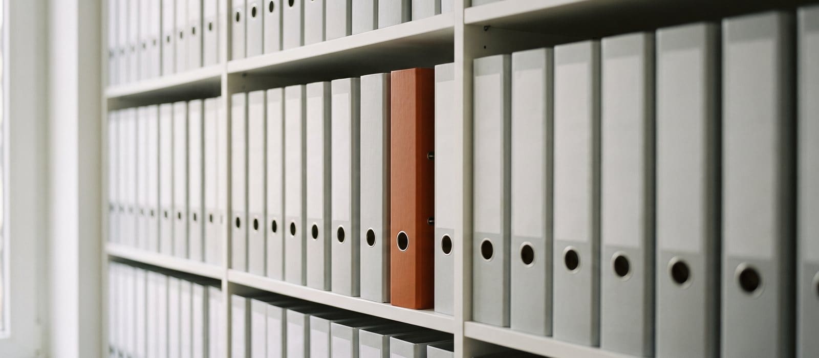 A shelf of grey ring binders with one orange binder in the middle, like a long case file of disclosure