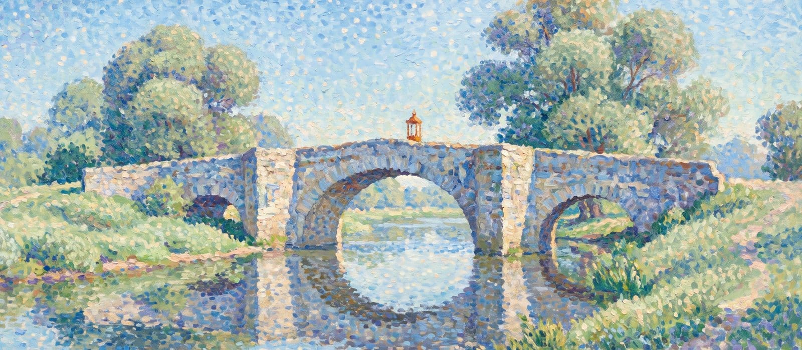 Pointillist painting of a sturdy stone arch bridge over calm water, with a burnt-orange lantern on the parapet