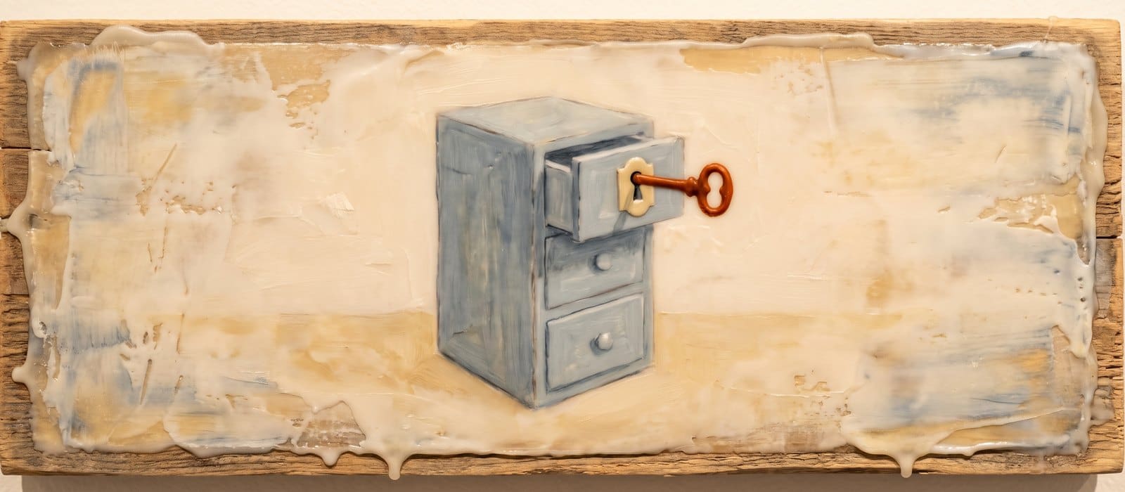 Encaustic wax painting of a small blue-grey cabinet with its top drawer locked by an orange key