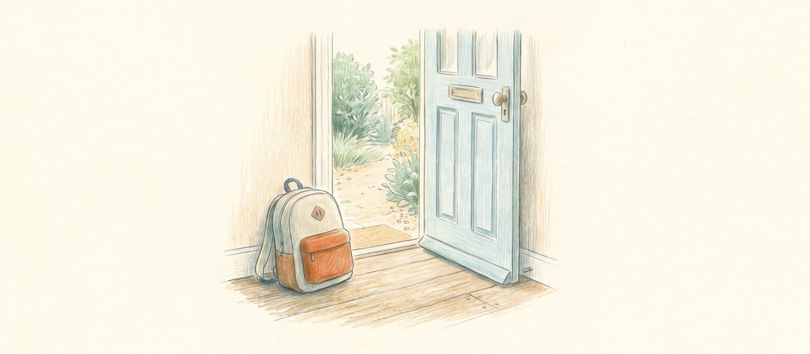 Coloured-pencil drawing of a school backpack with an orange pocket resting beside an open pale blue front door that looks out onto a sunny garden path