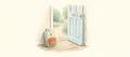 Coloured-pencil drawing of a school backpack with an orange pocket resting beside an open pale blue front door that looks out onto a sunny garden path