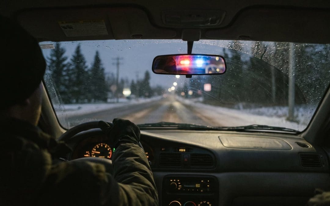 Interior of a car at night with red and blue police lights reflected in the rear-view mirror