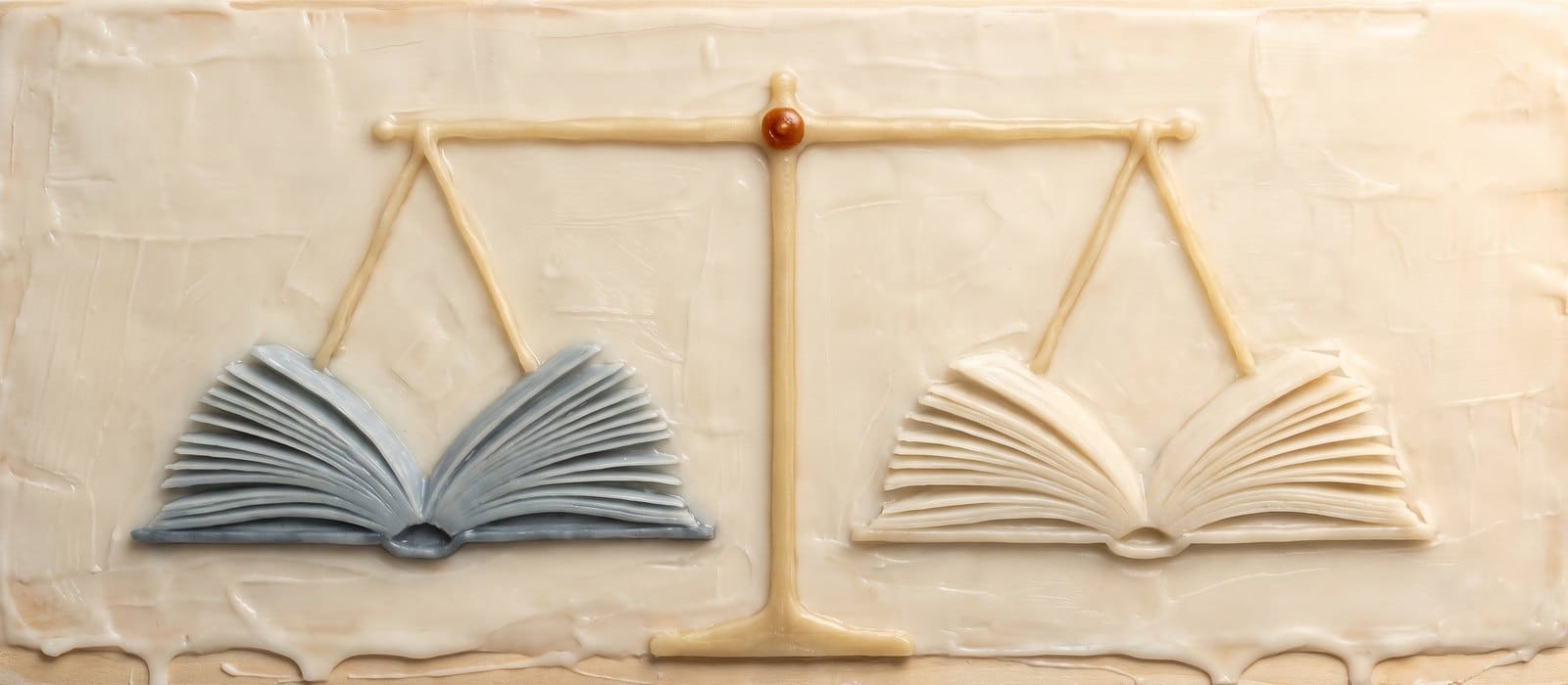 Encaustic wax painting of a balance made of two open books, one blue-grey and one cream, hanging level from a gold beam