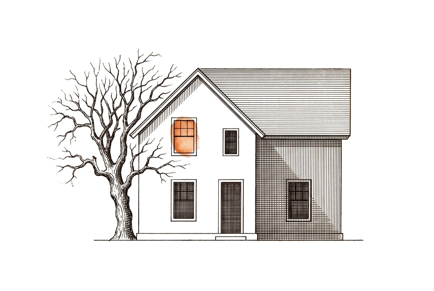 Etching of a two-storey house at night with one upstairs window lit, beside a bare tree, on white paper