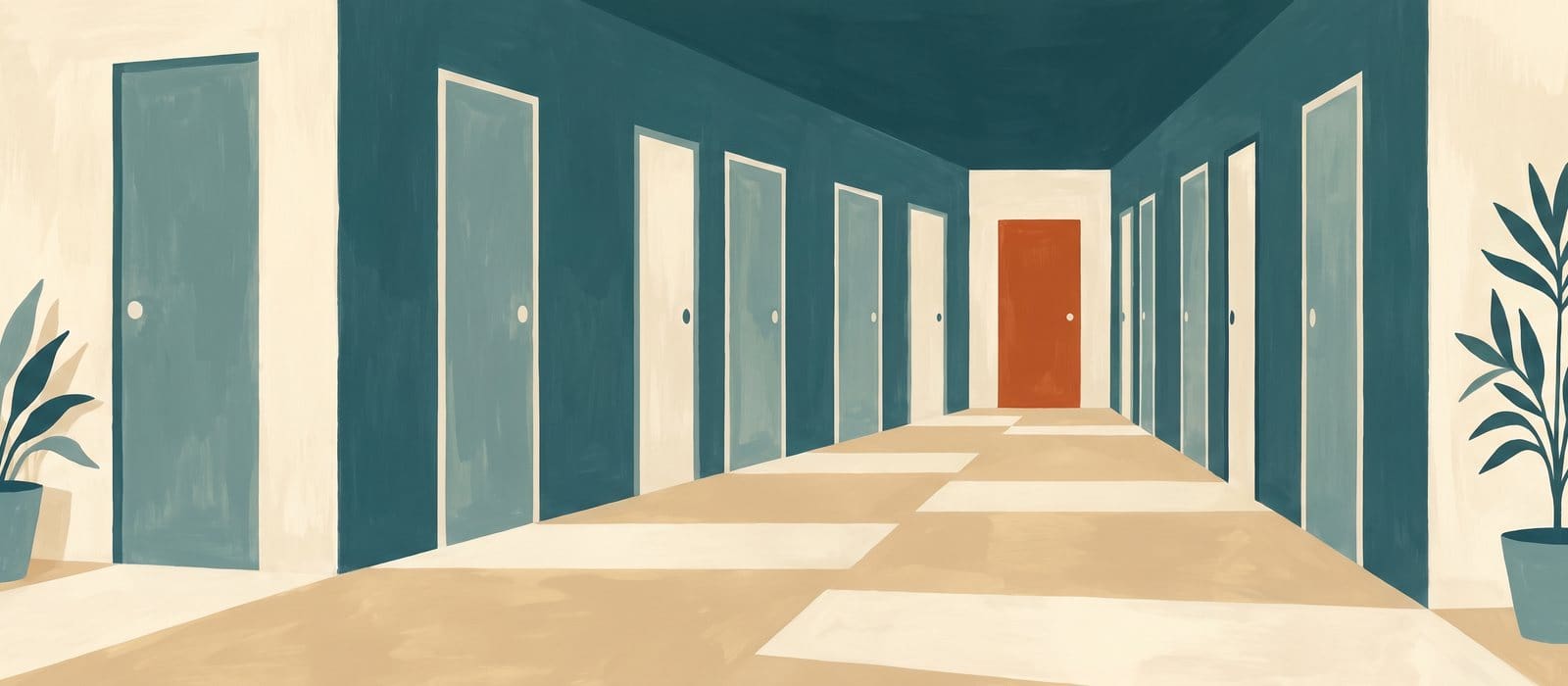 Gouache illustration of a quiet corridor of closed doors, one painted orange