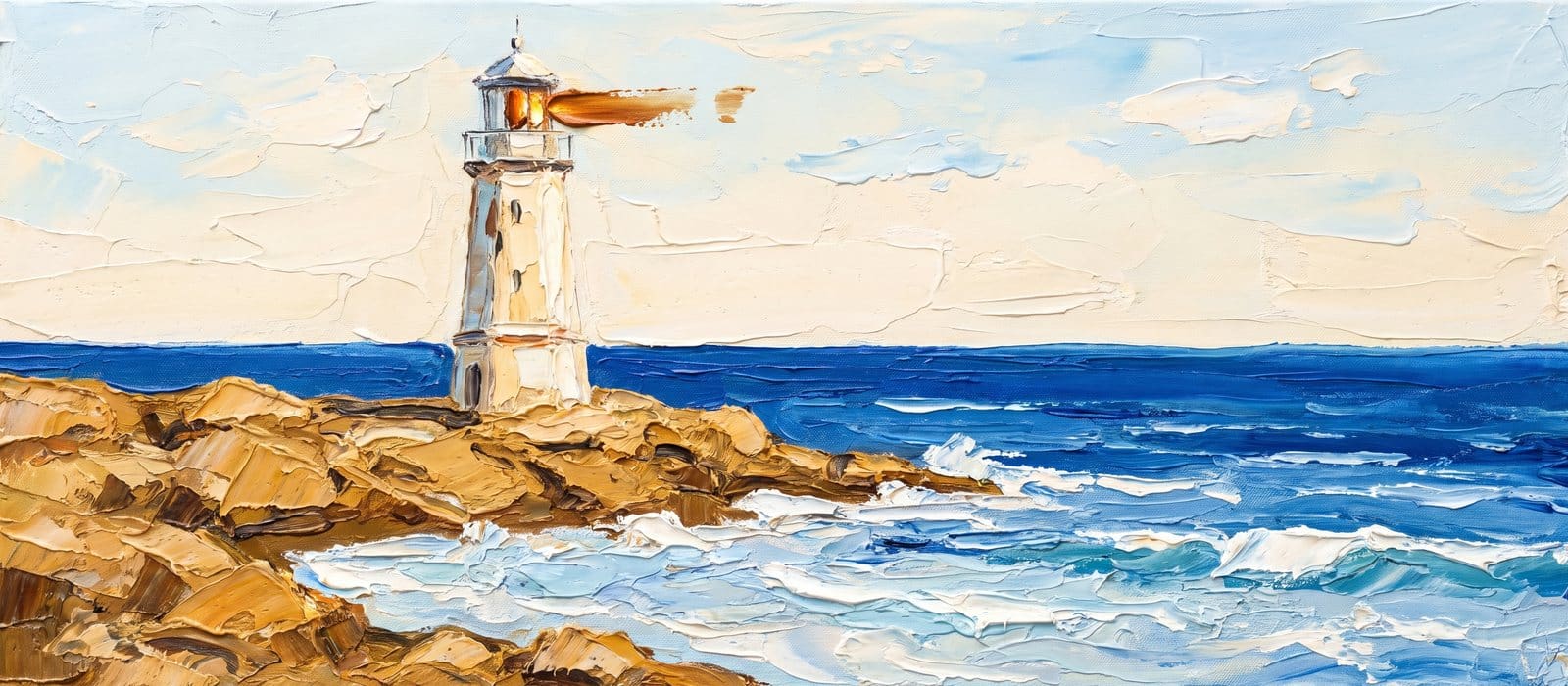 Impasto oil painting of a cream lighthouse standing firm on an ochre rocky shore above an ultramarine sea, its lamp a burnt-orange stroke