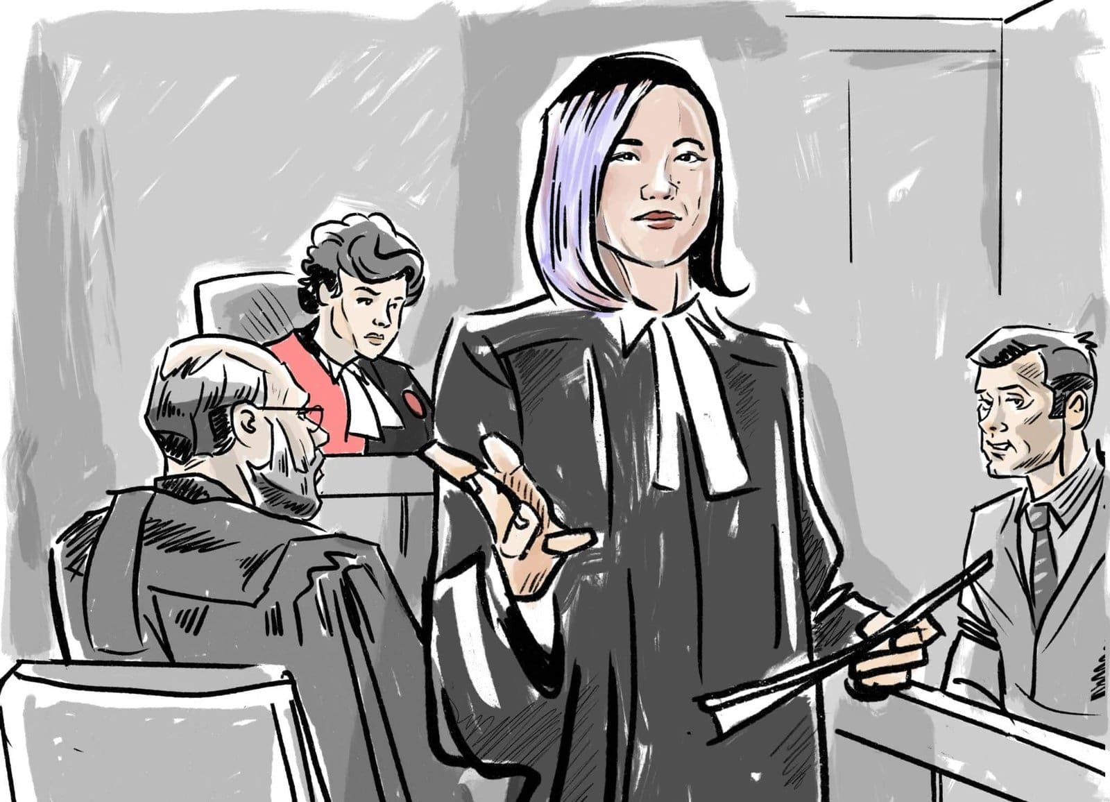 Courtroom sketch of SuJung Lee of Daniel Brown Law addressing the court