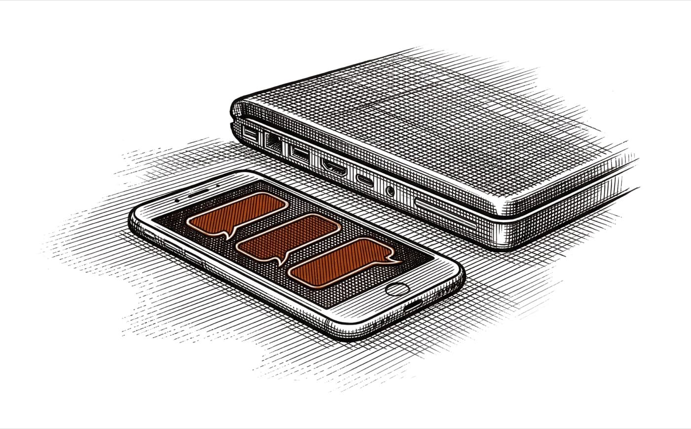 Etching of a smartphone with three empty speech bubbles on its screen, lying beside a closed laptop, on white paper