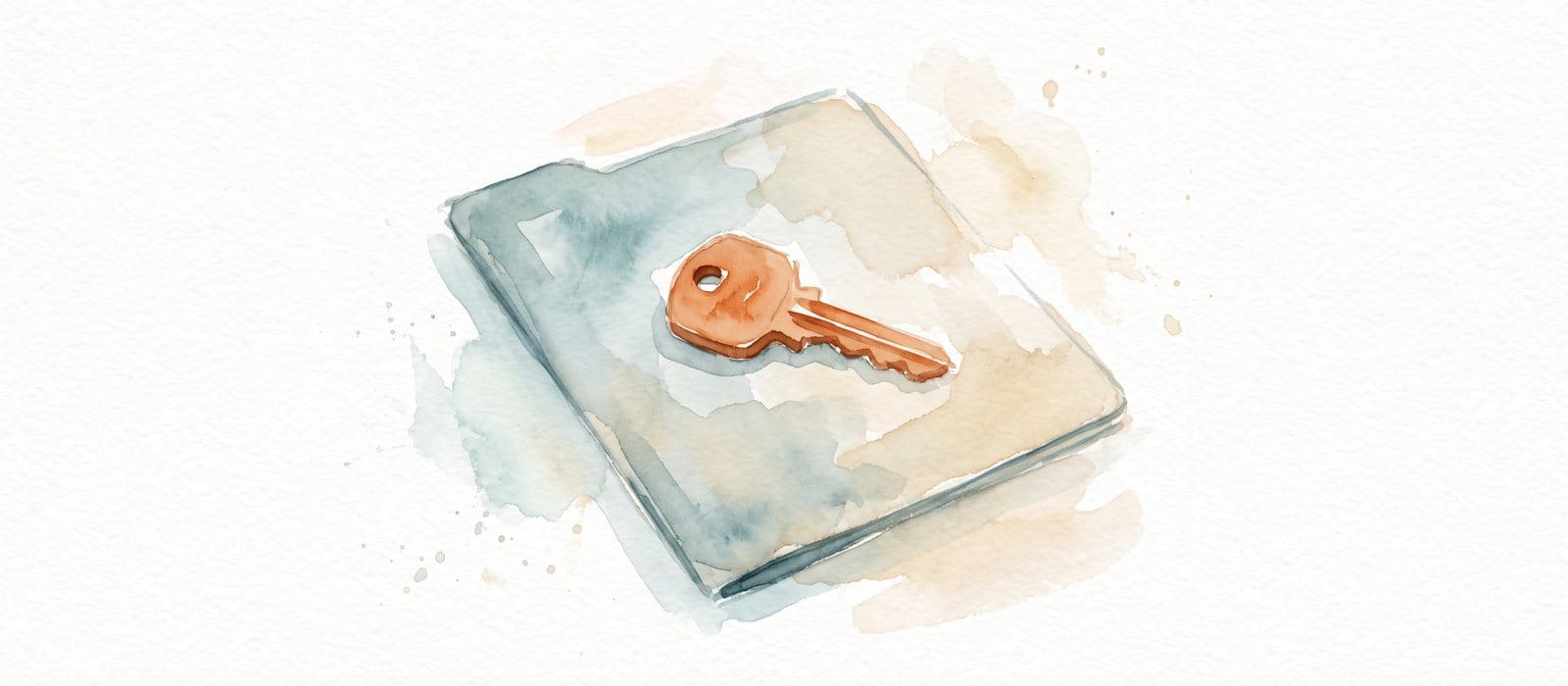 Watercolour of a house key resting on a folder