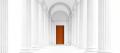 A bright white colonnade of classical columns leading to a single burnt-orange door