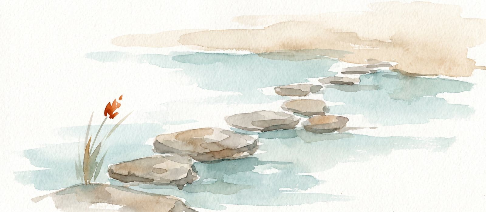 Watercolour of stepping stones crossing calm water