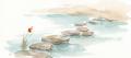 Watercolour of stepping stones crossing calm water