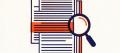 Risograph print of stacked transcript lines with one line highlighted in orange under a magnifying glass