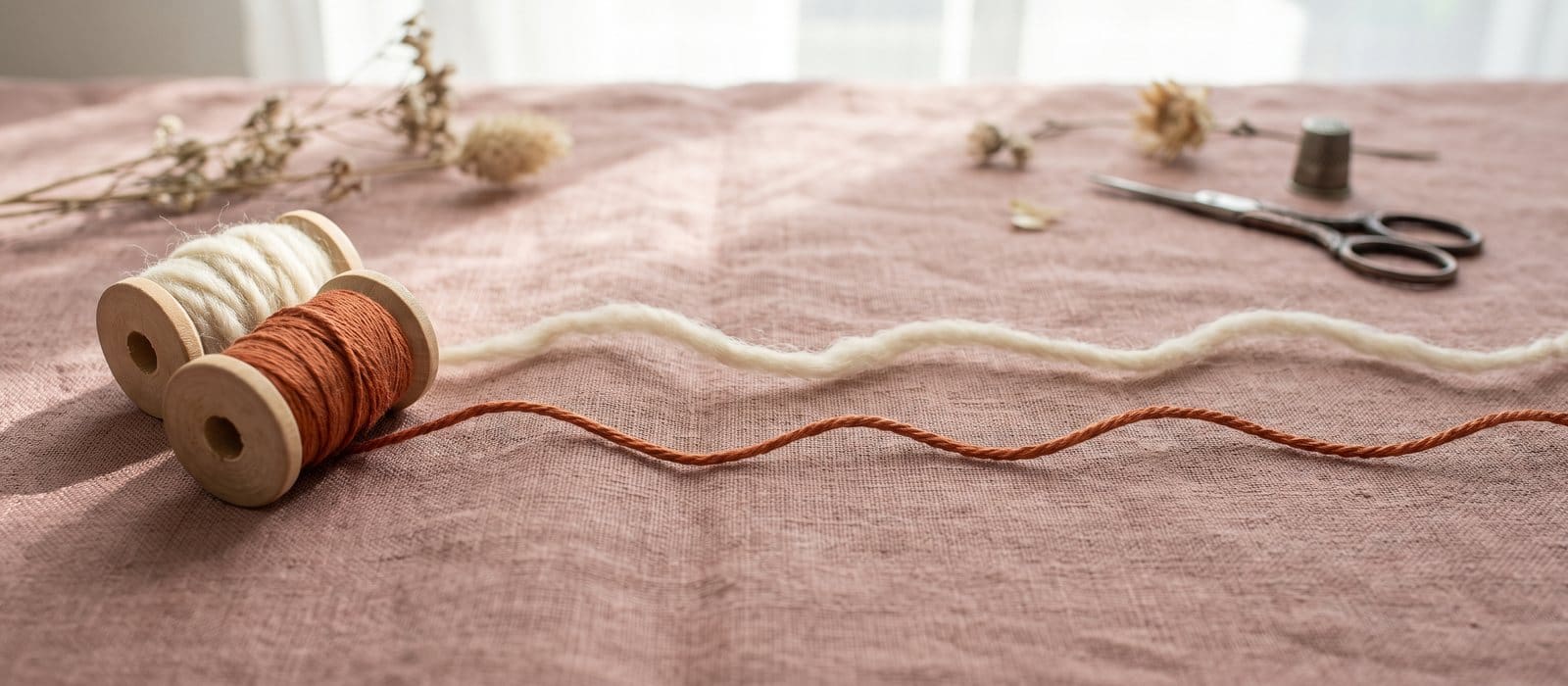 Two threads, one cream wool and one burnt-orange cotton, unwinding from wooden spools and running side by side on dusty-rose linen