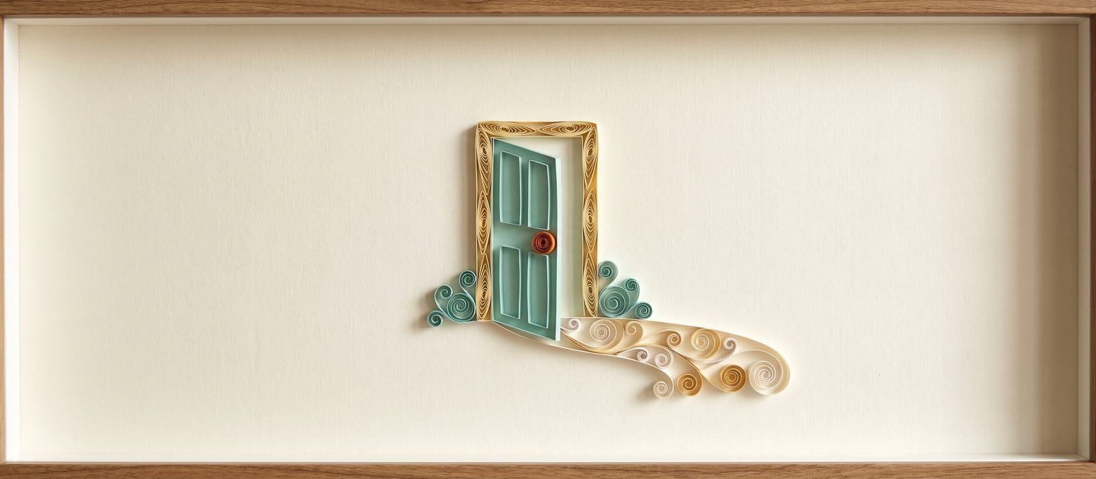 Paper quilling of an open teal front door in a gold frame with a curving cream and gold paper path leading away