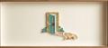 Paper quilling of an open teal front door in a gold frame with a curving cream and gold paper path leading away