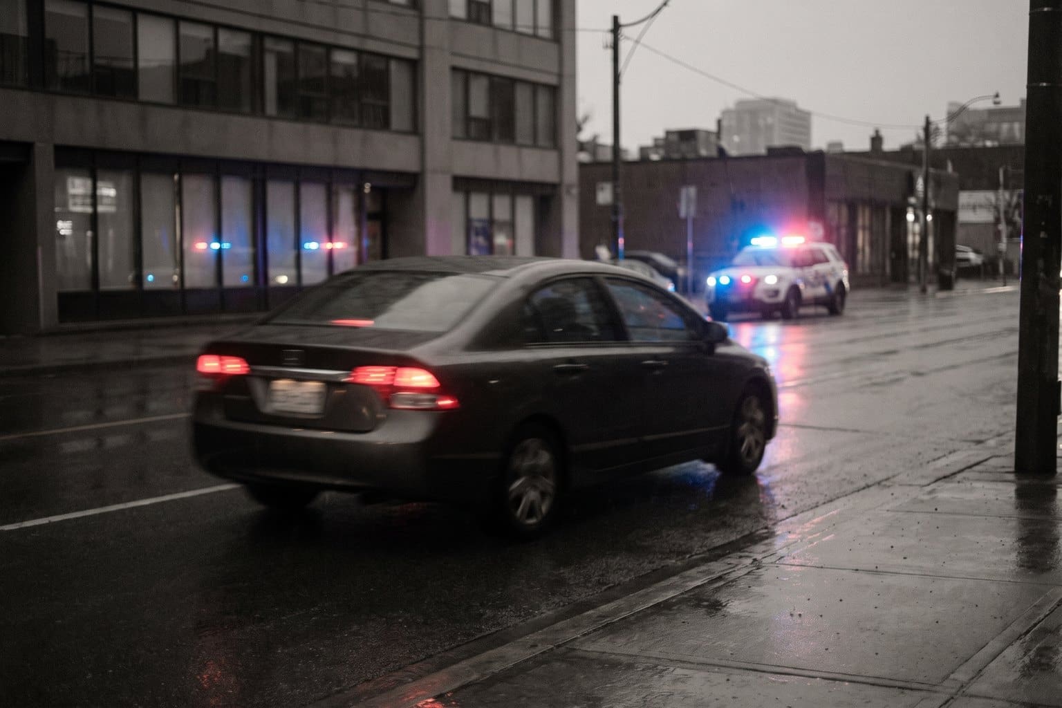 City street at night with a car passing in motion blur and police lights flaring behind it