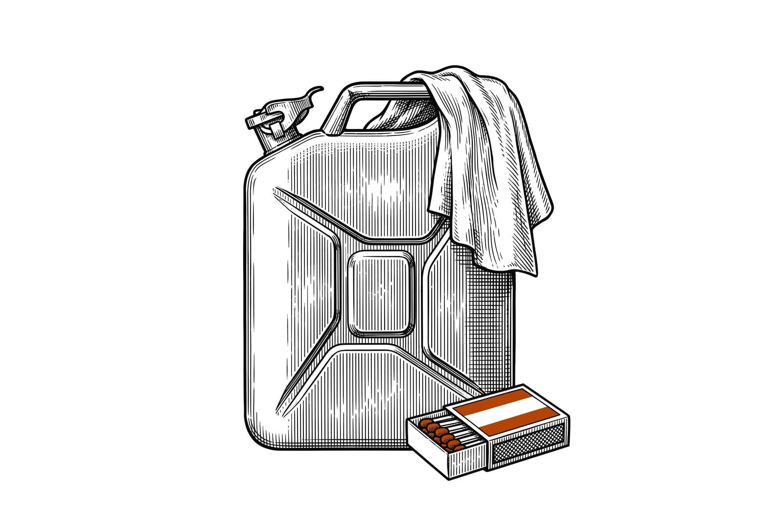 Etching of a metal fuel can with a cloth rag draped over it beside a box of matches, on white paper
