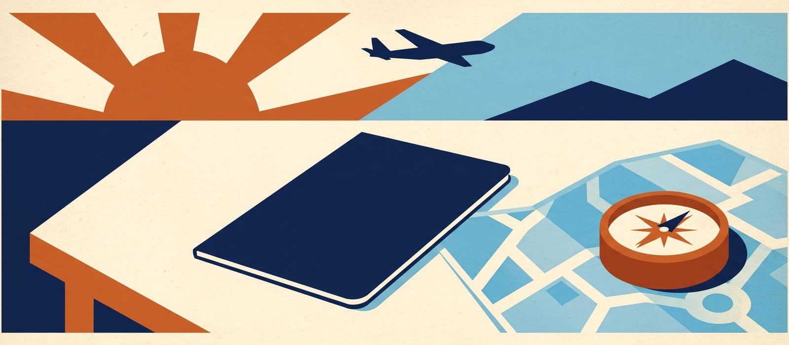 Vintage travel-poster illustration of a closed navy passport-style booklet beside a folded map and an orange compass