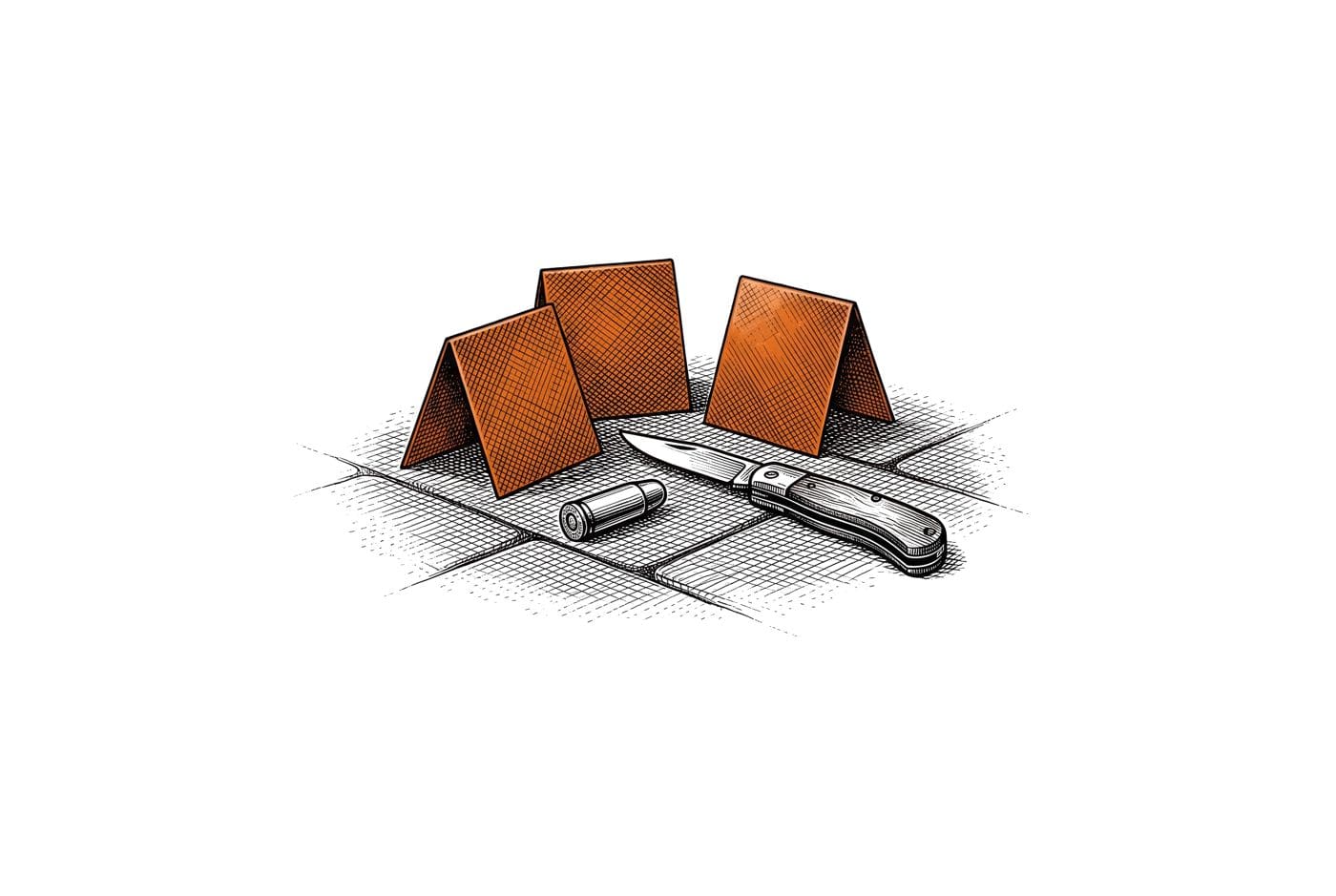 Etching of three blank orange evidence marker tents on paving stones beside a spent cartridge casing and a folding knife, on white paper