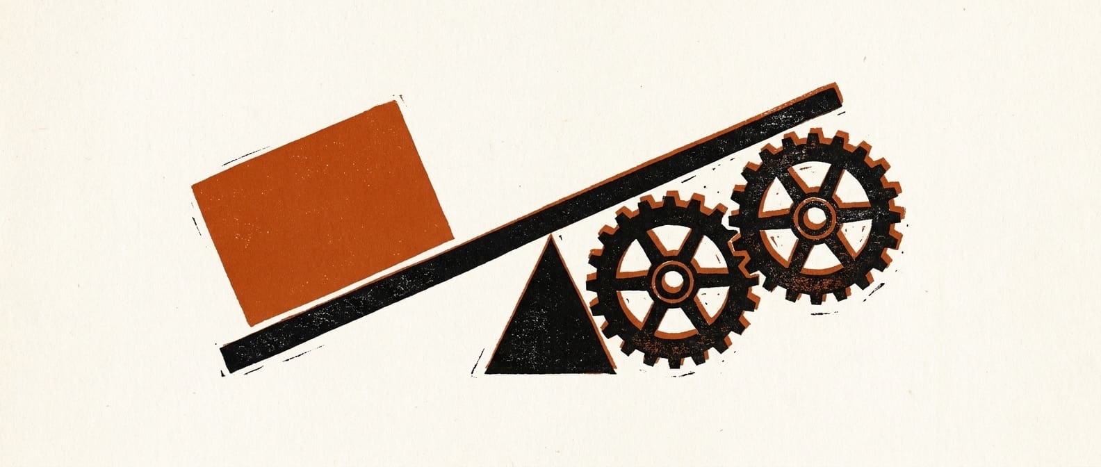 Constructivist print of a black lever on a fulcrum lifting an orange block beside two gears, in black and burnt orange on off-white paper