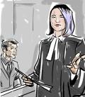 Court sketch of SuJung Lee of Daniel Brown Law in robes questioning a witness