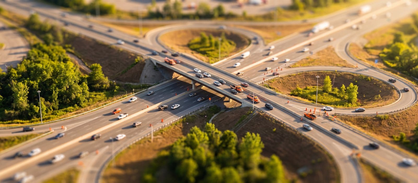 Tilt-shift view of a highway interchange with traffic flowing through the ramps